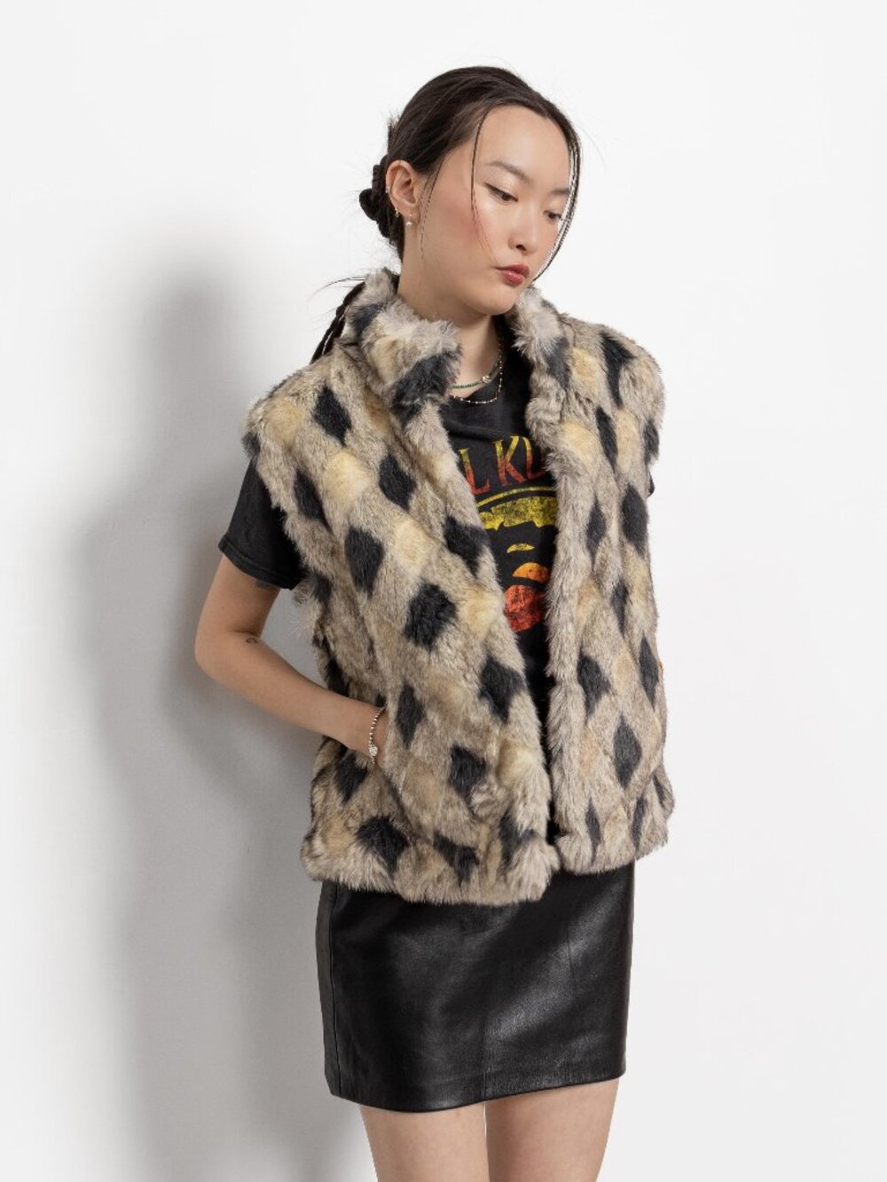 FAUX FUR VEST Checkered Diamond Vintage / Medium Large